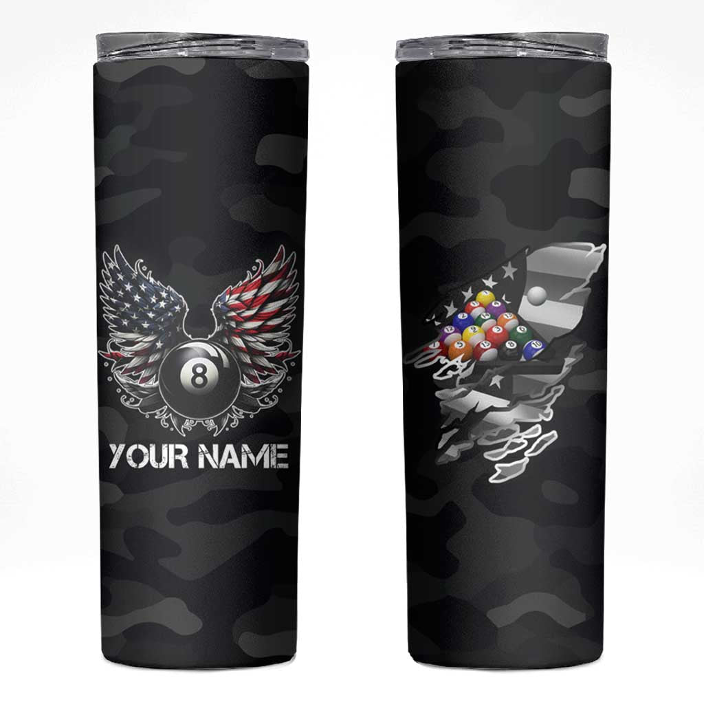 Custom American Flag Billiards Skinny Tumbler with 8-Ball Wings and Camo Background - Wonder Print Shop