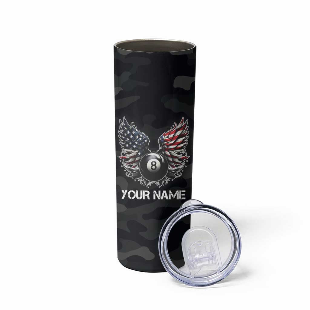 Custom American Flag Billiards Skinny Tumbler with 8-Ball Wings and Camo Background - Wonder Print Shop