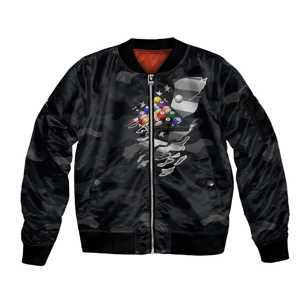 Custom American Flag Billiards Sleeve Zip Bomber Jacket with 8-Ball Wings and Camo Background - Wonder Print Shop