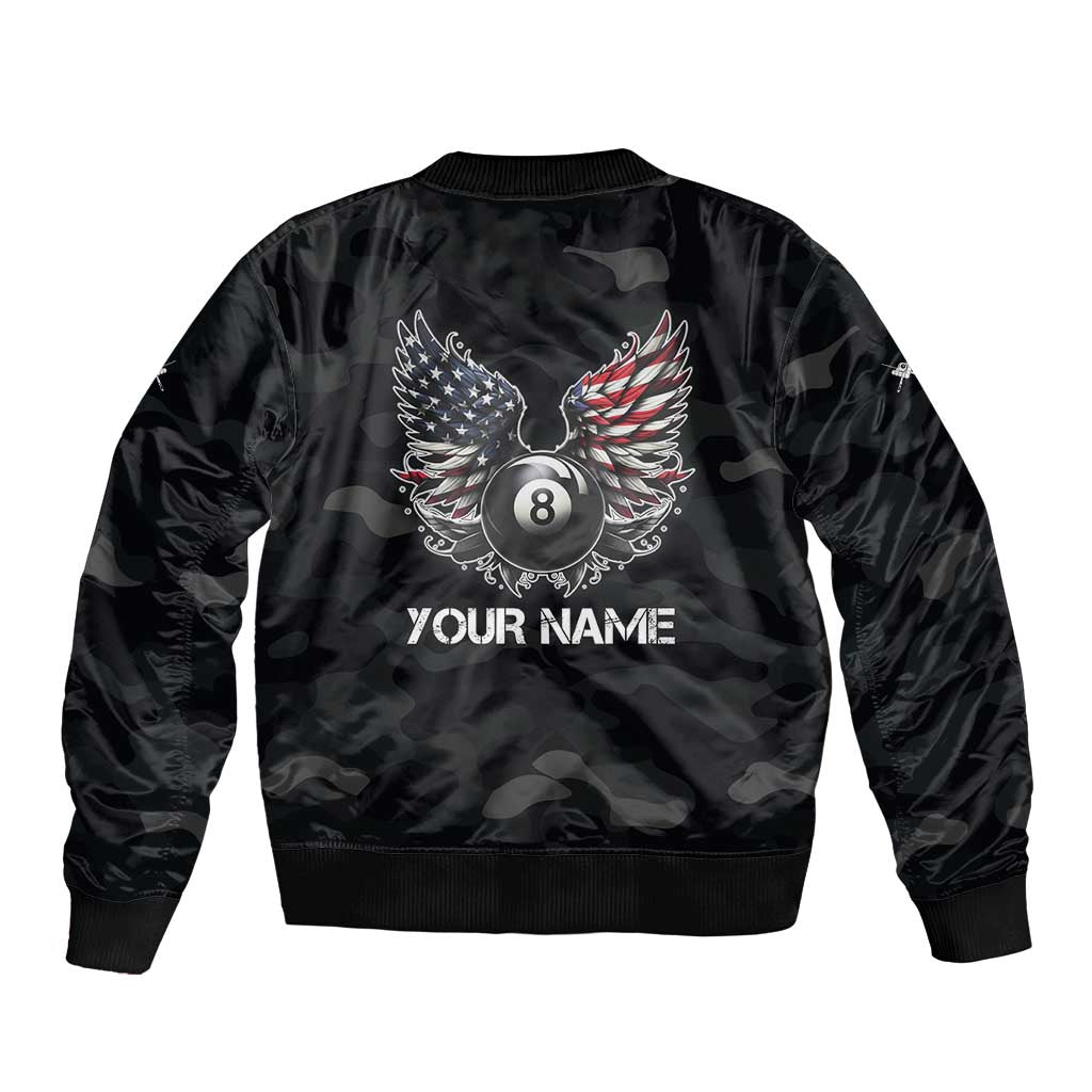 Custom American Flag Billiards Sleeve Zip Bomber Jacket with 8-Ball Wings and Camo Background - Wonder Print Shop