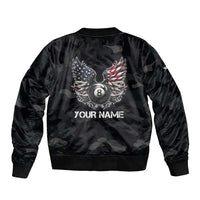 Custom American Flag Billiards Sleeve Zip Bomber Jacket with 8-Ball Wings and Camo Background - Wonder Print Shop