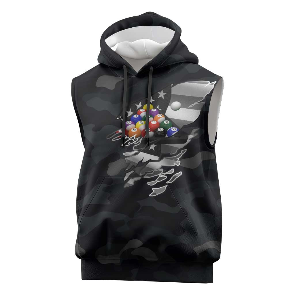 Custom American Flag Billiards Sleeveless Hoodie with 8-Ball Wings and Camo Background - Wonder Print Shop