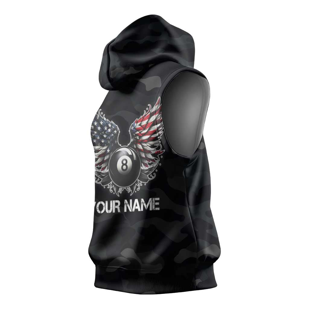 Custom American Flag Billiards Sleeveless Hoodie with 8-Ball Wings and Camo Background - Wonder Print Shop