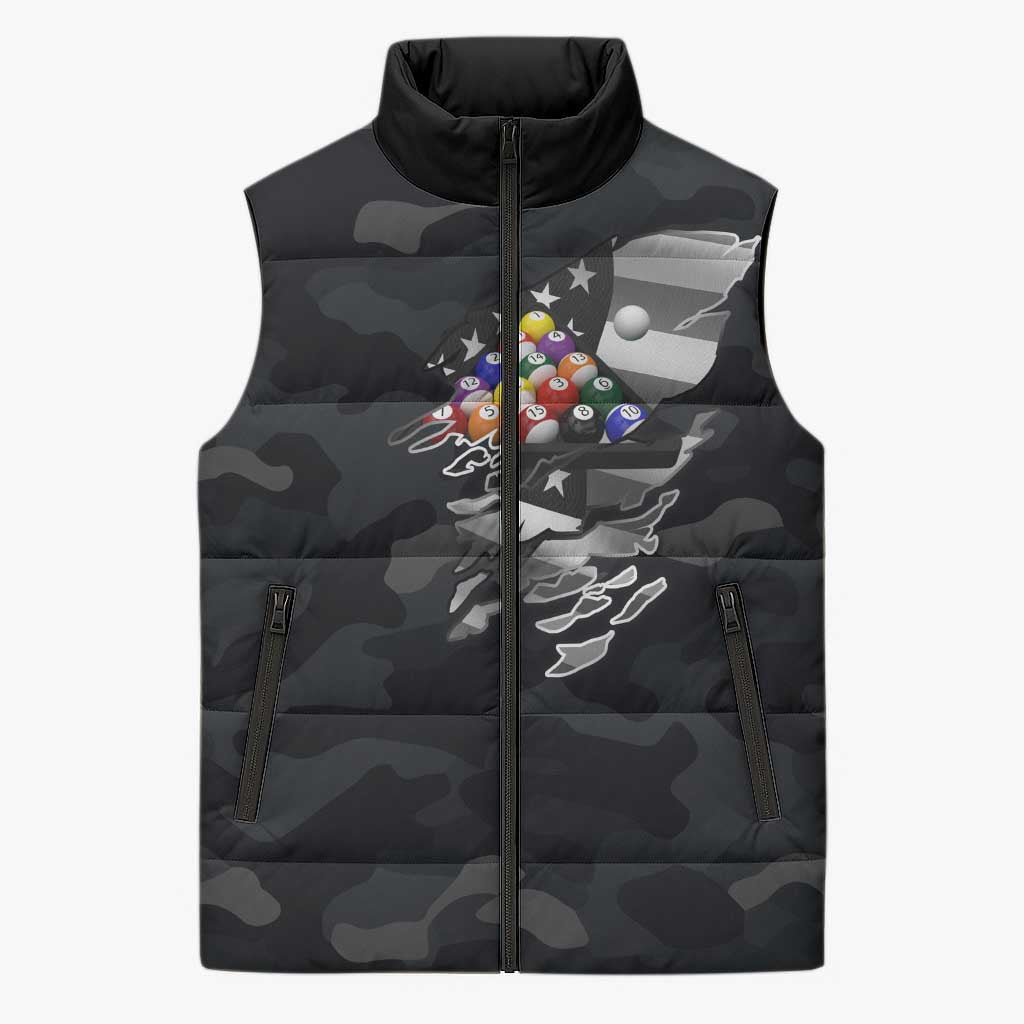 Custom American Flag Billiards Sleeveless Puffer Jacket with 8-Ball Wings and Camo Background - Wonder Print Shop