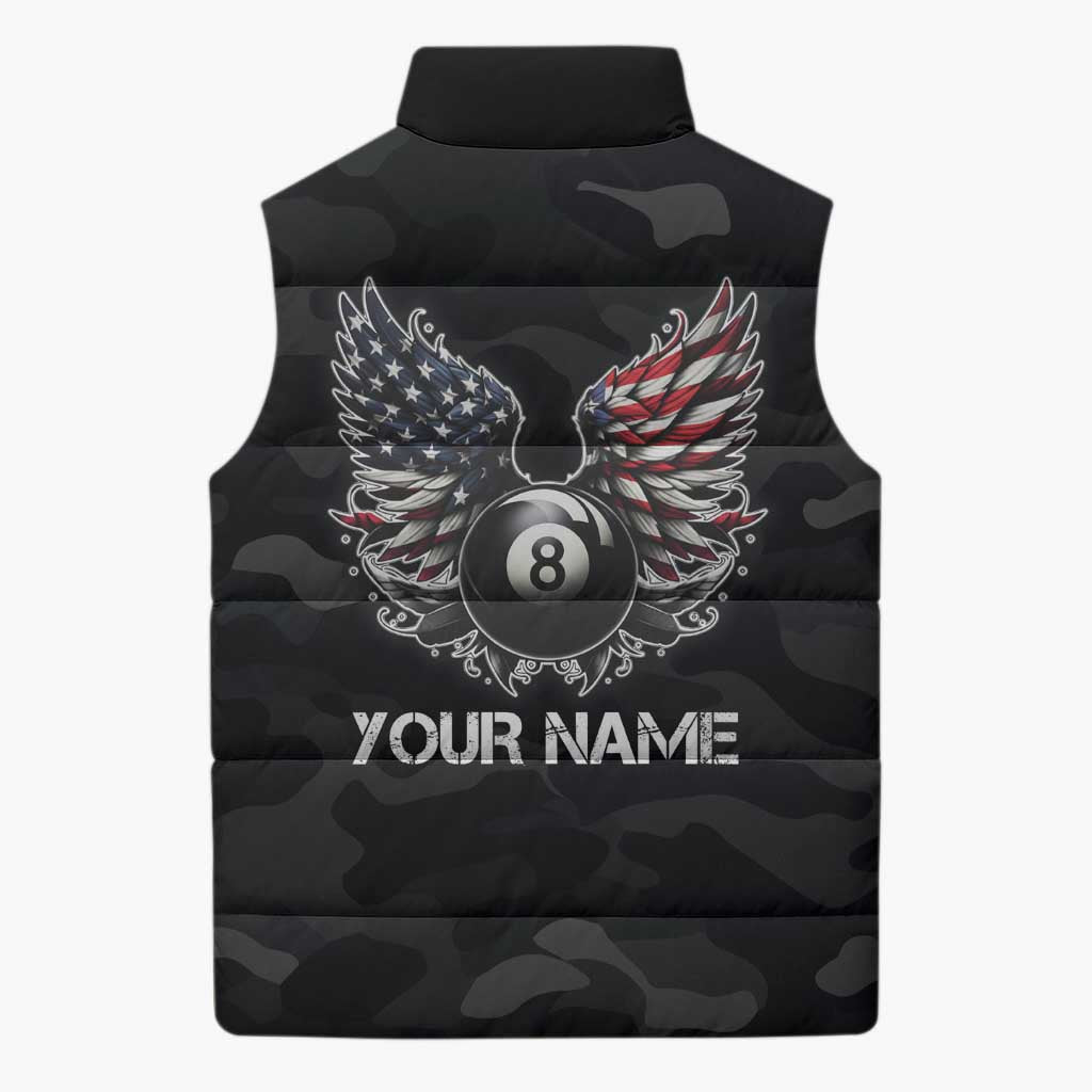 Custom American Flag Billiards Sleeveless Puffer Jacket with 8-Ball Wings and Camo Background - Wonder Print Shop