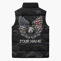 Custom American Flag Billiards Sleeveless Puffer Jacket with 8-Ball Wings and Camo Background - Wonder Print Shop
