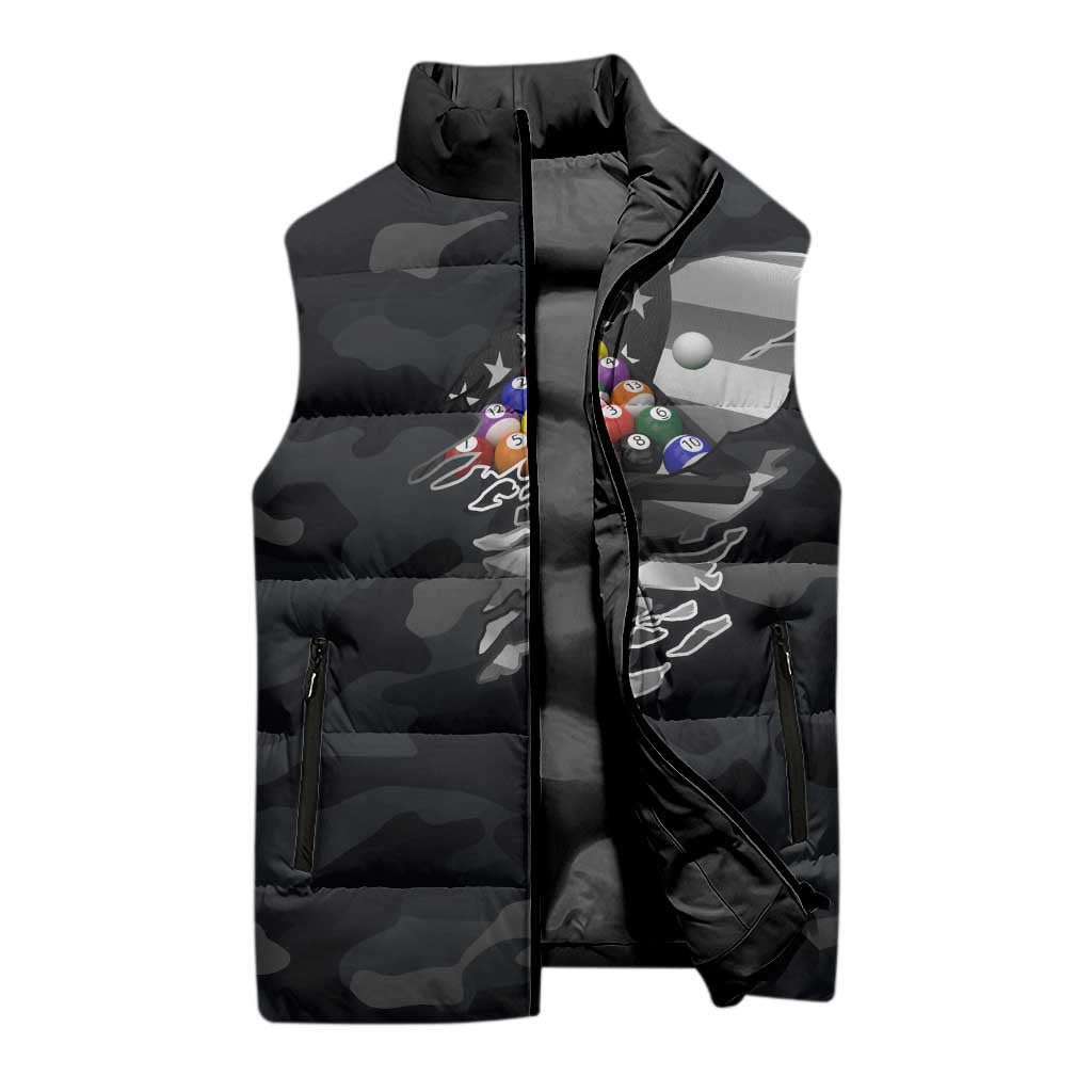 Custom American Flag Billiards Sleeveless Puffer Jacket with 8-Ball Wings and Camo Background - Wonder Print Shop