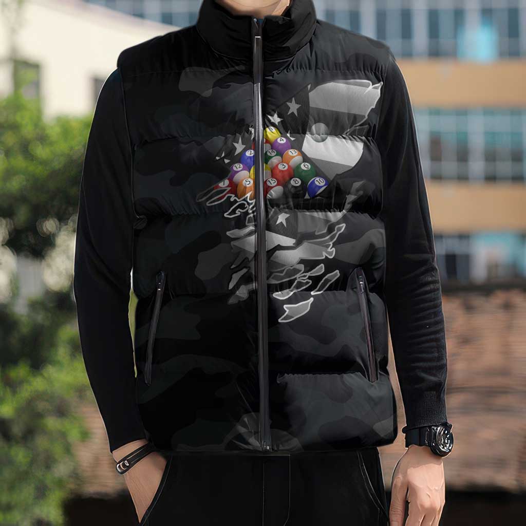 Custom American Flag Billiards Sleeveless Puffer Jacket with 8-Ball Wings and Camo Background - Wonder Print Shop