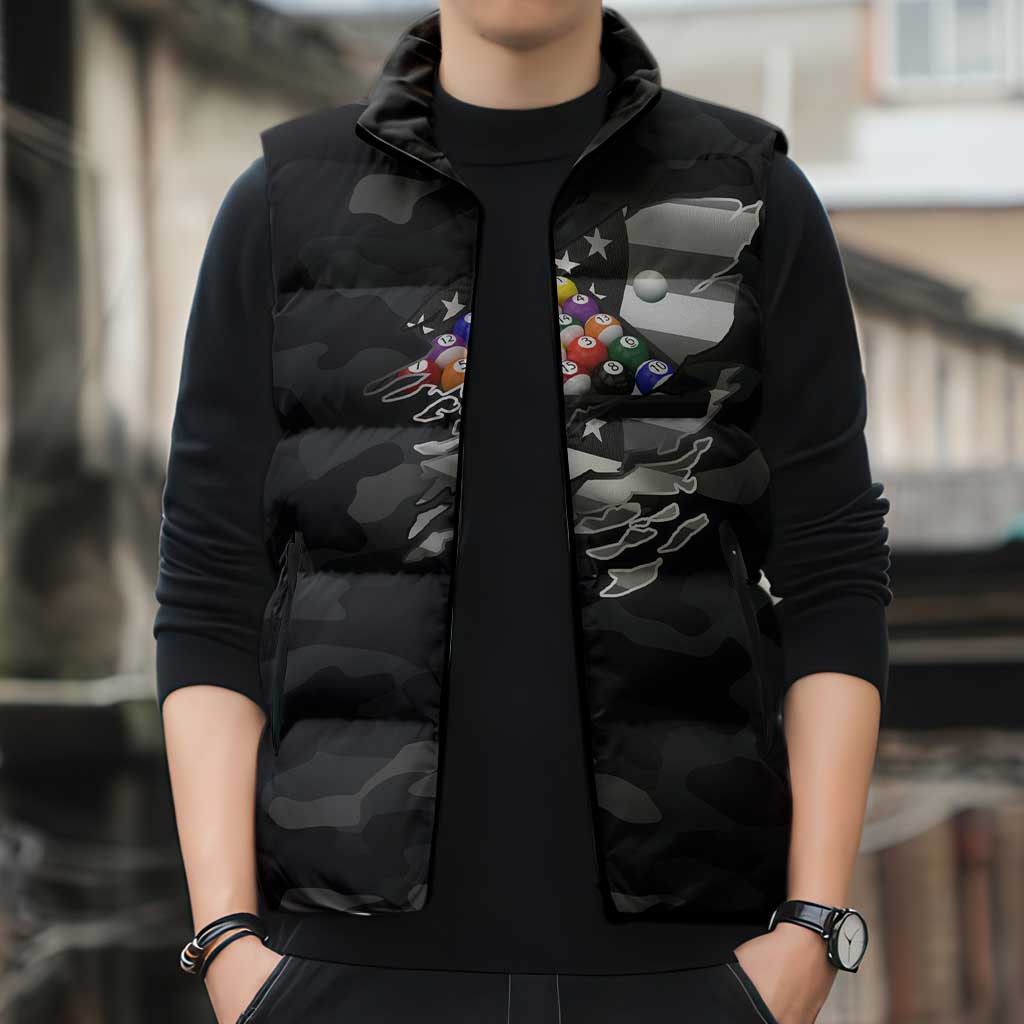 Custom American Flag Billiards Sleeveless Puffer Jacket with 8-Ball Wings and Camo Background - Wonder Print Shop