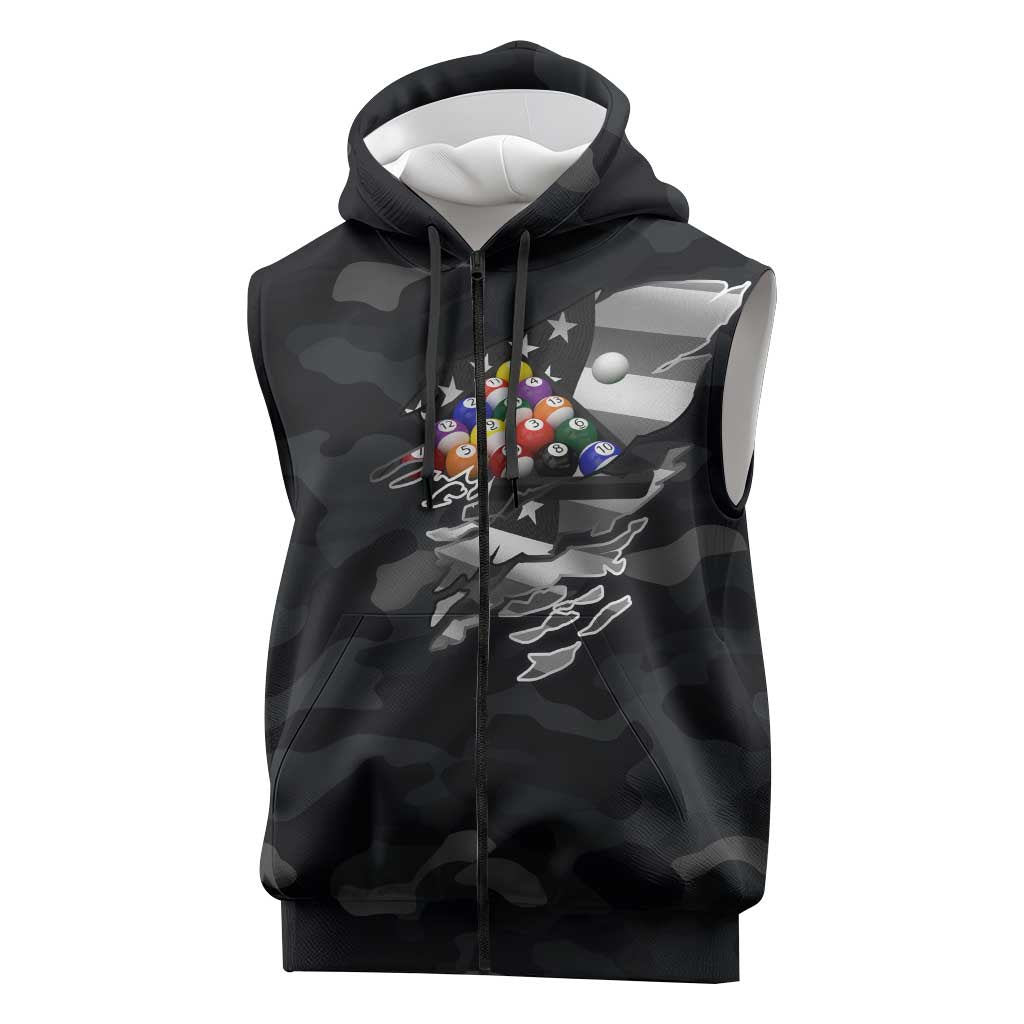 Custom American Flag Billiards Sleeveless Zip Hoodie with 8-Ball Wings and Camo Background - Wonder Print Shop
