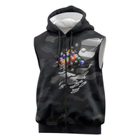 Custom American Flag Billiards Sleeveless Zip Hoodie with 8-Ball Wings and Camo Background - Wonder Print Shop