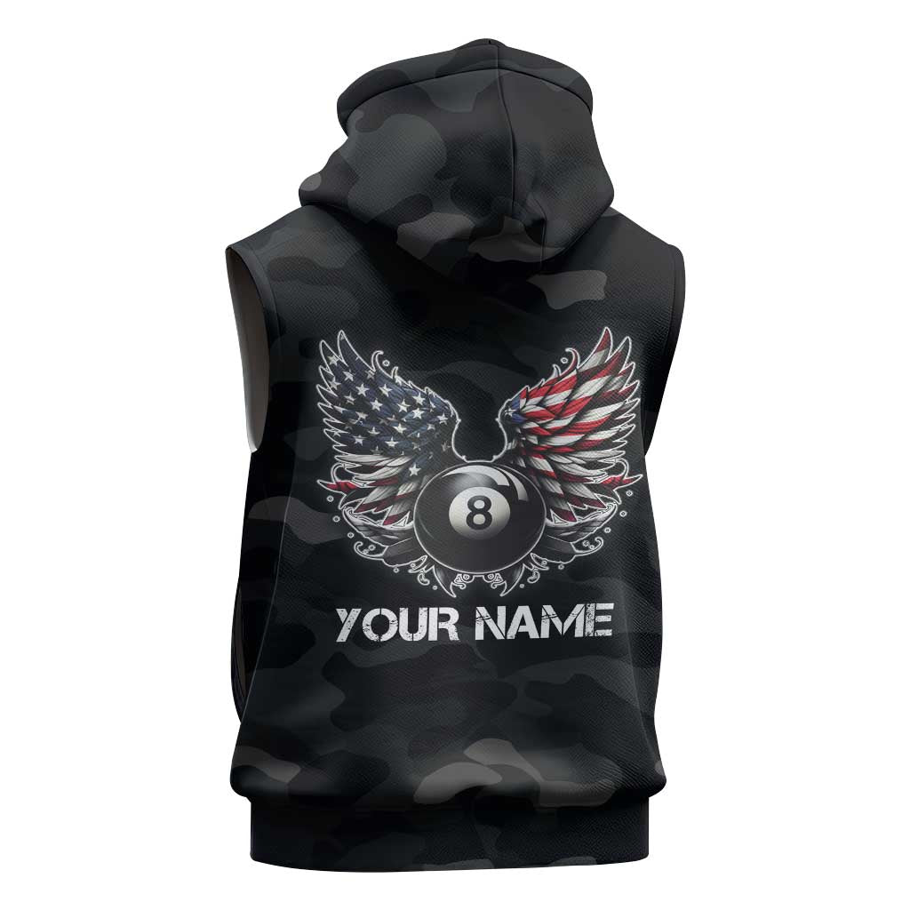 Custom American Flag Billiards Sleeveless Zip Hoodie with 8-Ball Wings and Camo Background - Wonder Print Shop