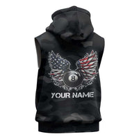 Custom American Flag Billiards Sleeveless Zip Hoodie with 8-Ball Wings and Camo Background - Wonder Print Shop