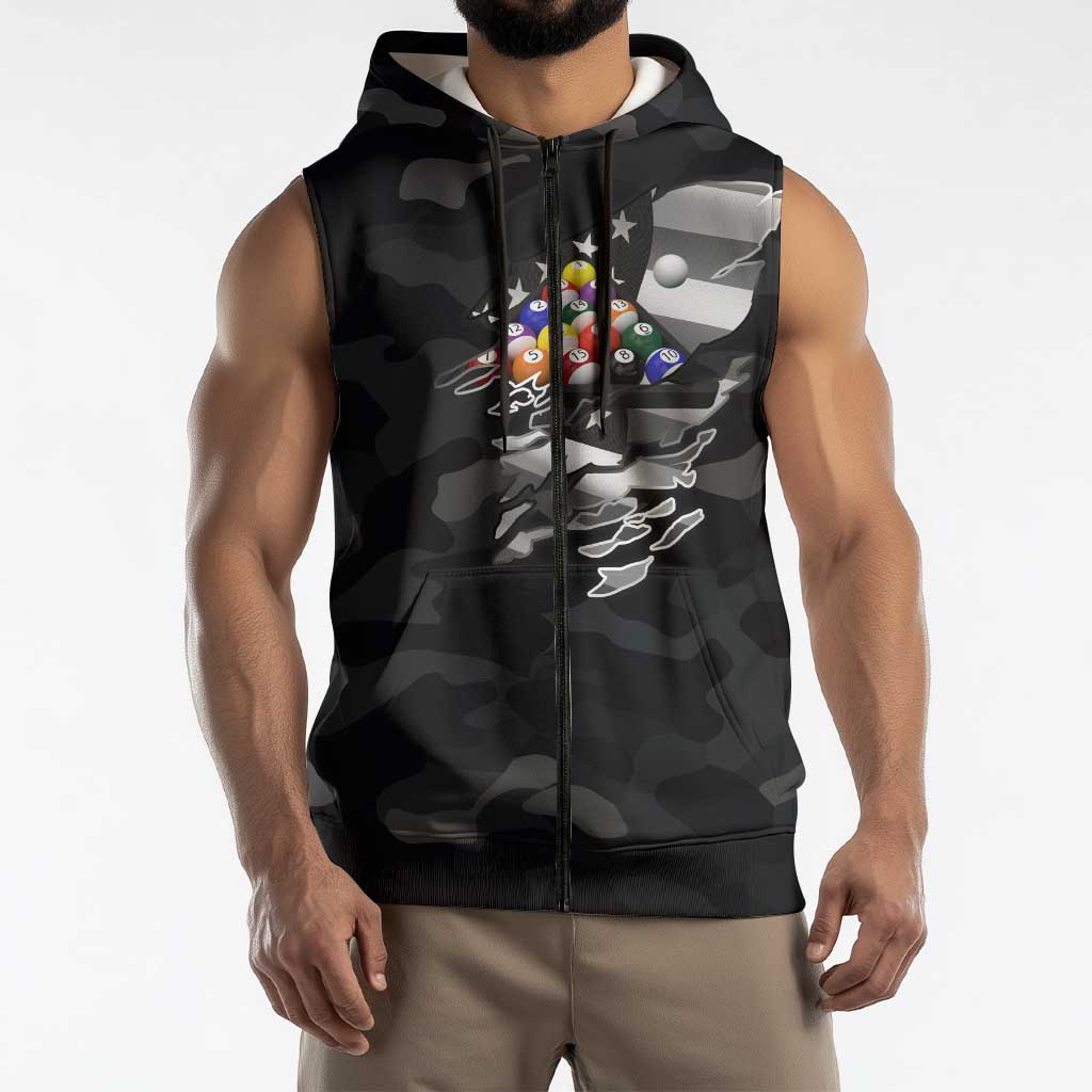 Custom American Flag Billiards Sleeveless Zip Hoodie with 8-Ball Wings and Camo Background - Wonder Print Shop