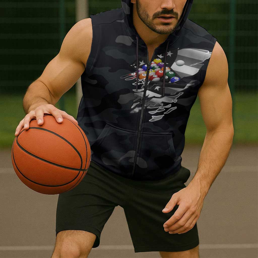Custom American Flag Billiards Sleeveless Zip Hoodie with 8-Ball Wings and Camo Background - Wonder Print Shop