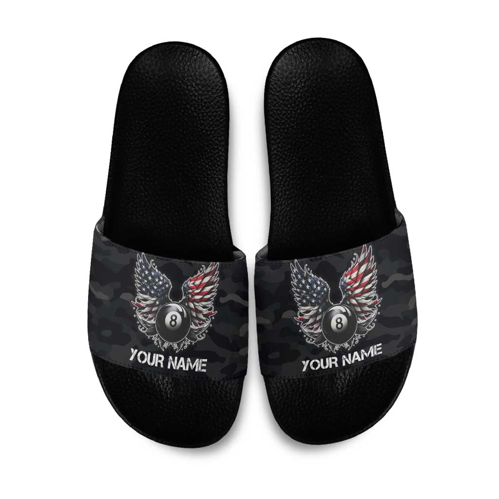 Custom American Flag Billiards Slide Sandals with 8-Ball Wings and Camo Background - Wonder Print Shop