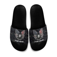 Custom American Flag Billiards Slide Sandals with 8-Ball Wings and Camo Background - Wonder Print Shop