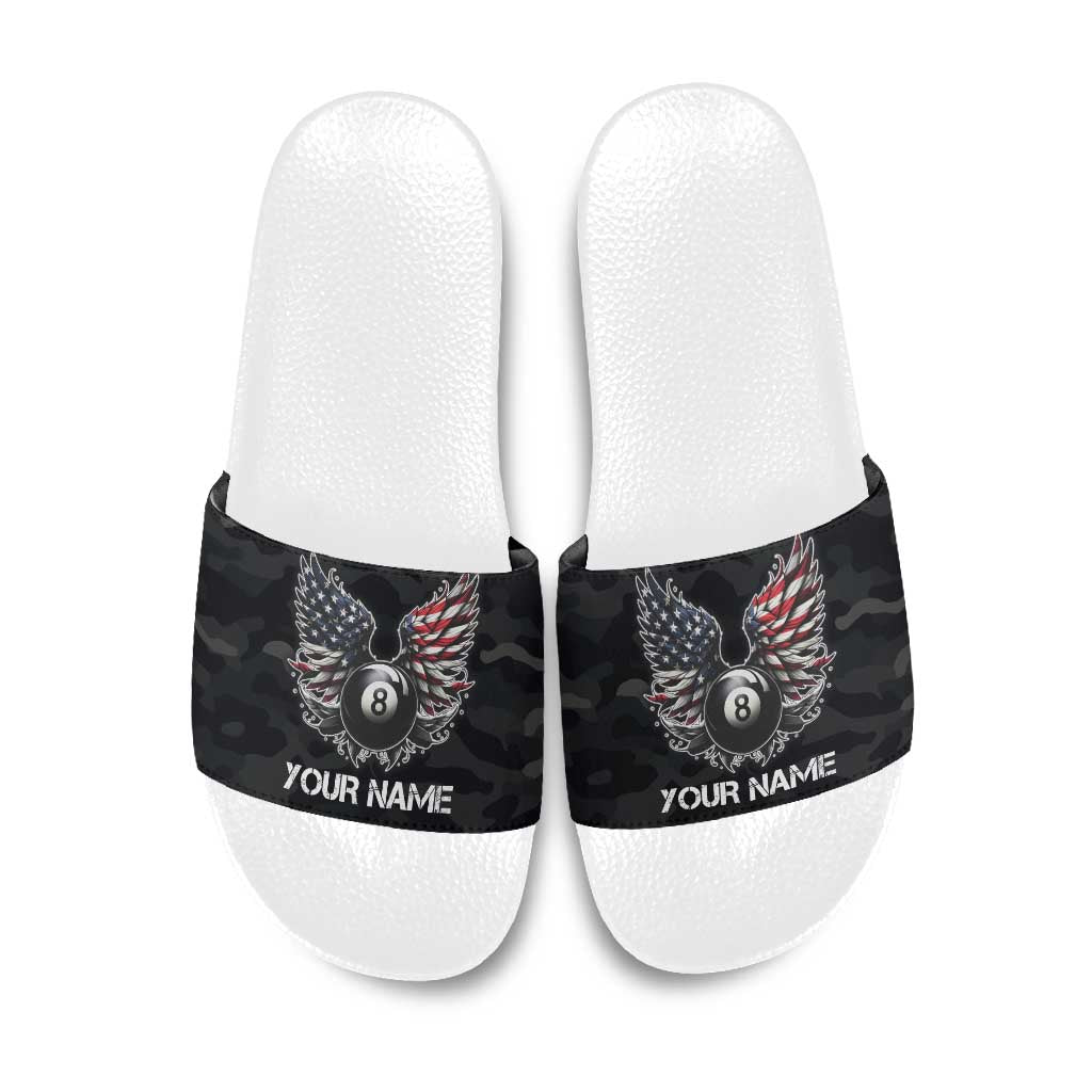 Custom American Flag Billiards Slide Sandals with 8-Ball Wings and Camo Background - Wonder Print Shop