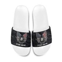 Custom American Flag Billiards Slide Sandals with 8-Ball Wings and Camo Background - Wonder Print Shop