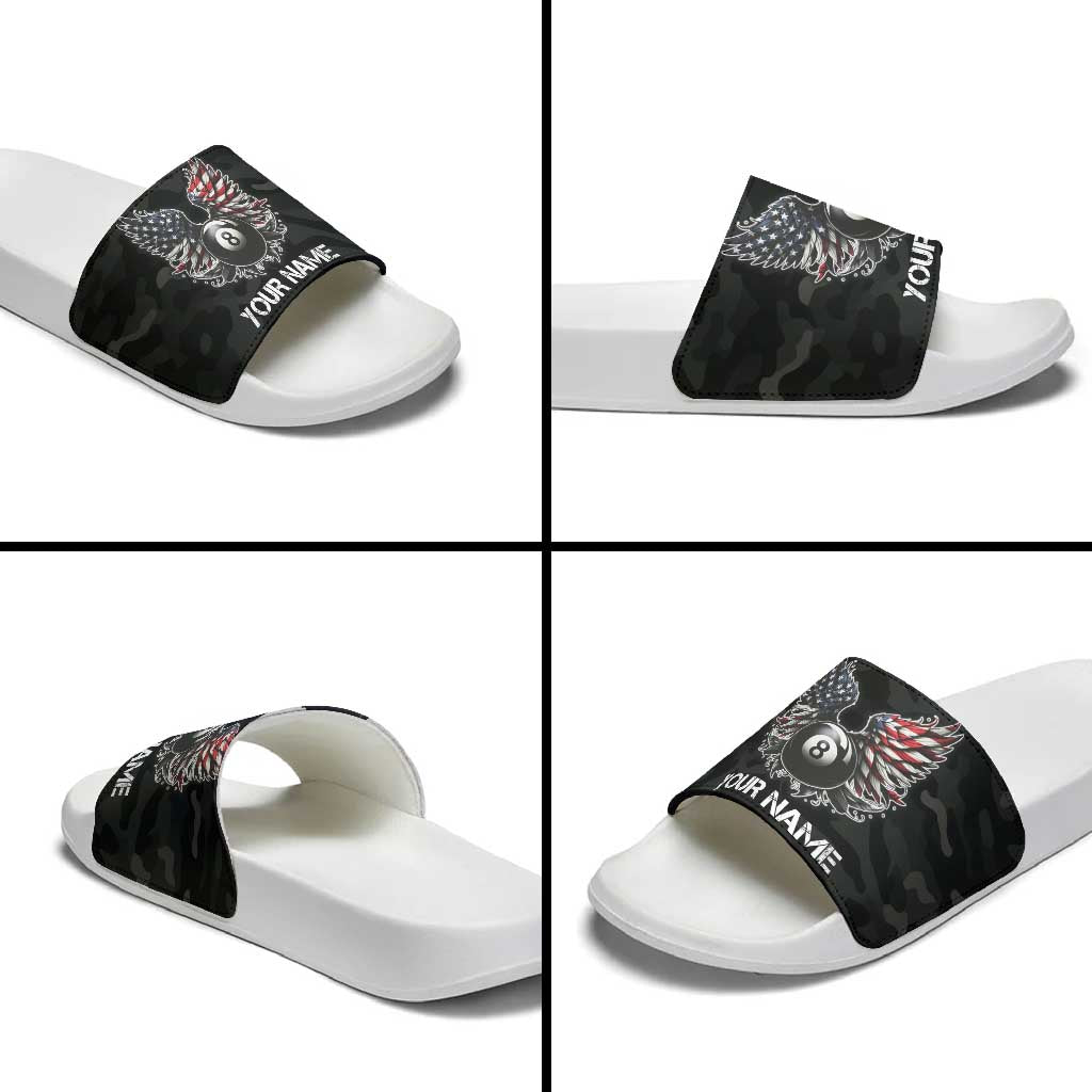 Custom American Flag Billiards Slide Sandals with 8-Ball Wings and Camo Background - Wonder Print Shop