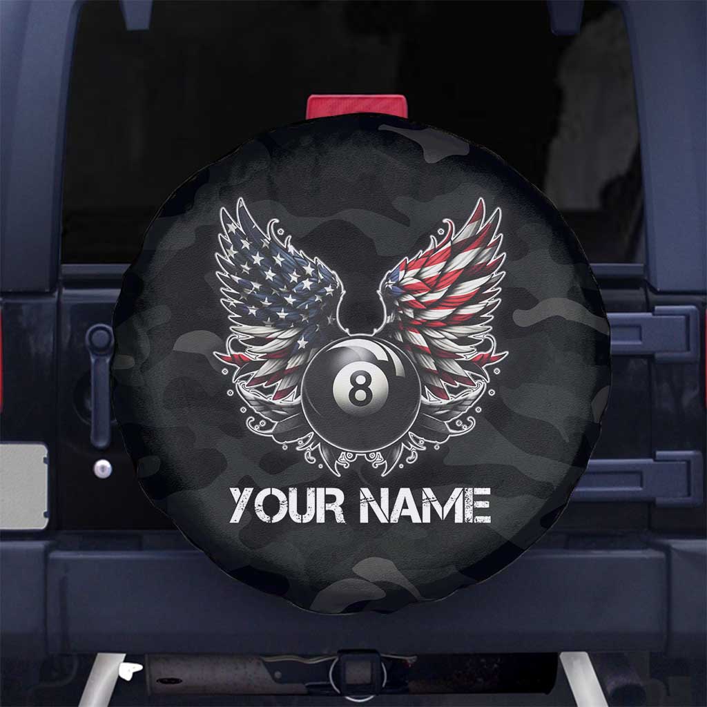 Custom American Flag Billiards Spare Tire Cover with 8-Ball Wings and Camo Background - Wonder Print Shop