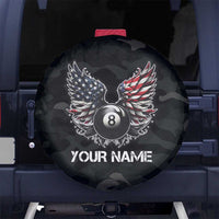 Custom American Flag Billiards Spare Tire Cover with 8-Ball Wings and Camo Background - Wonder Print Shop