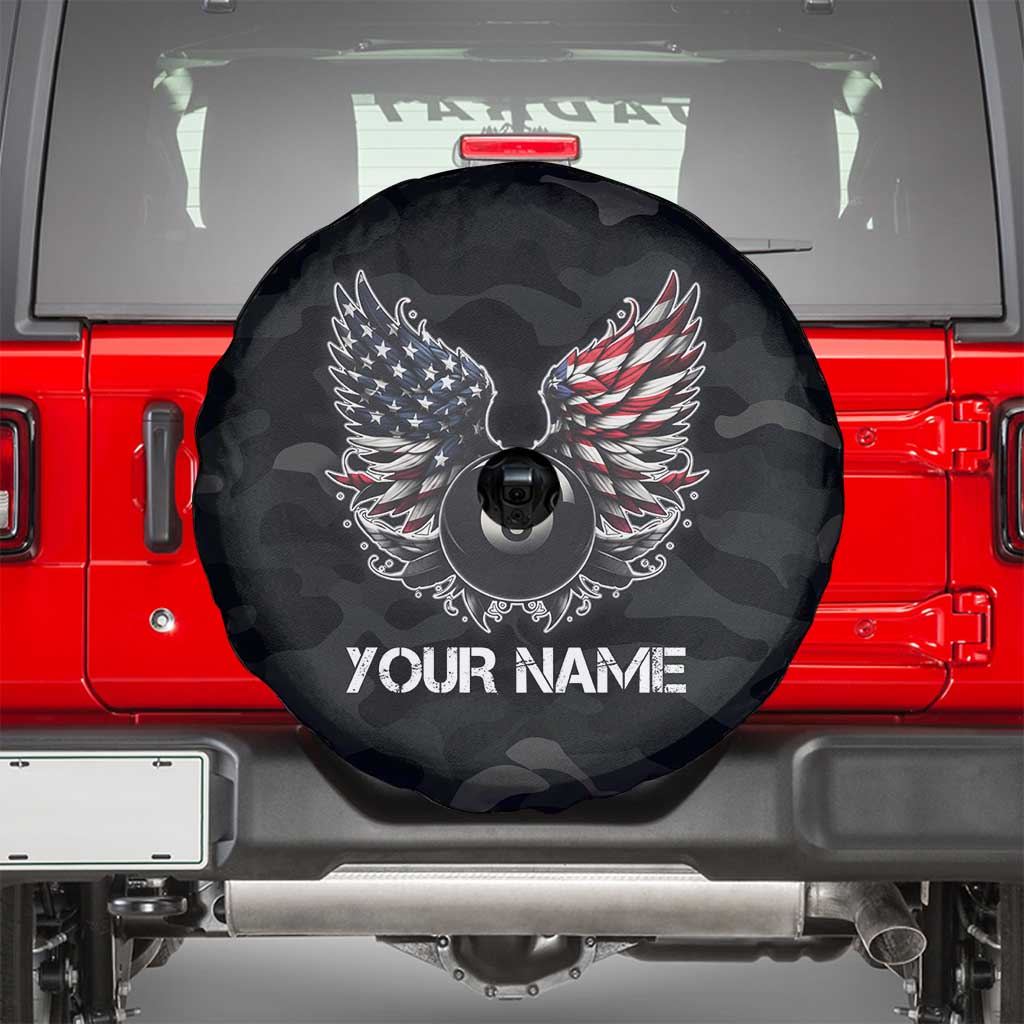 Custom American Flag Billiards Spare Tire Cover with 8-Ball Wings and Camo Background - Wonder Print Shop