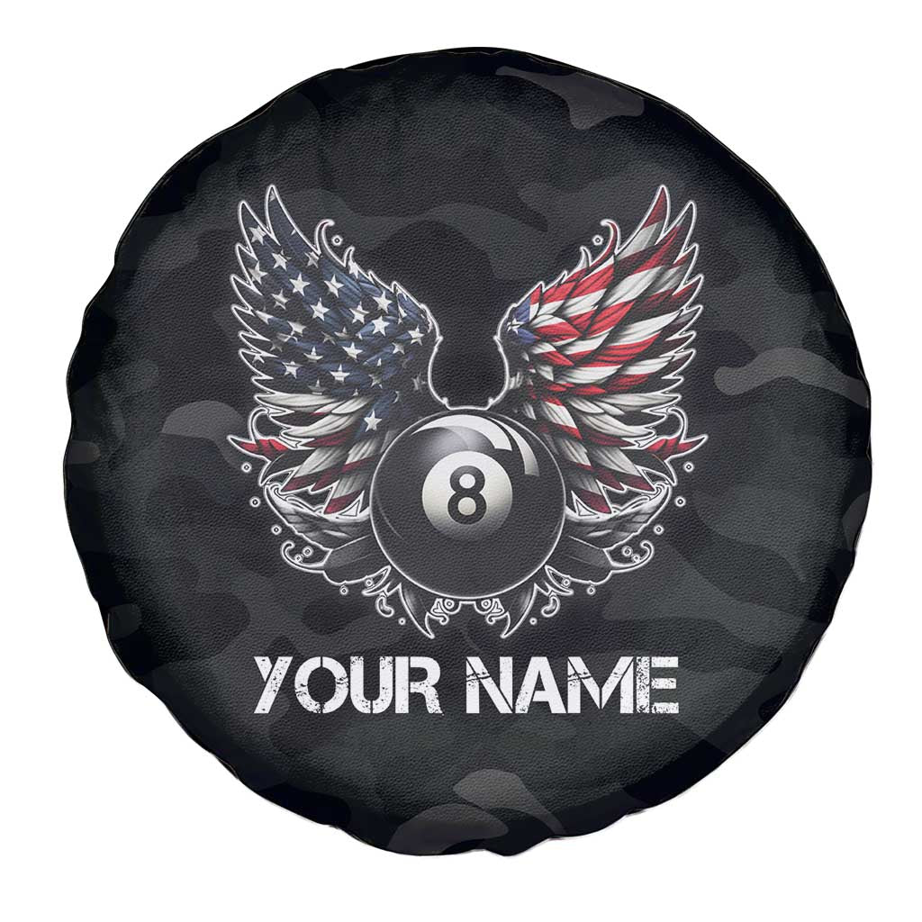 Custom American Flag Billiards Spare Tire Cover with 8-Ball Wings and Camo Background - Wonder Print Shop