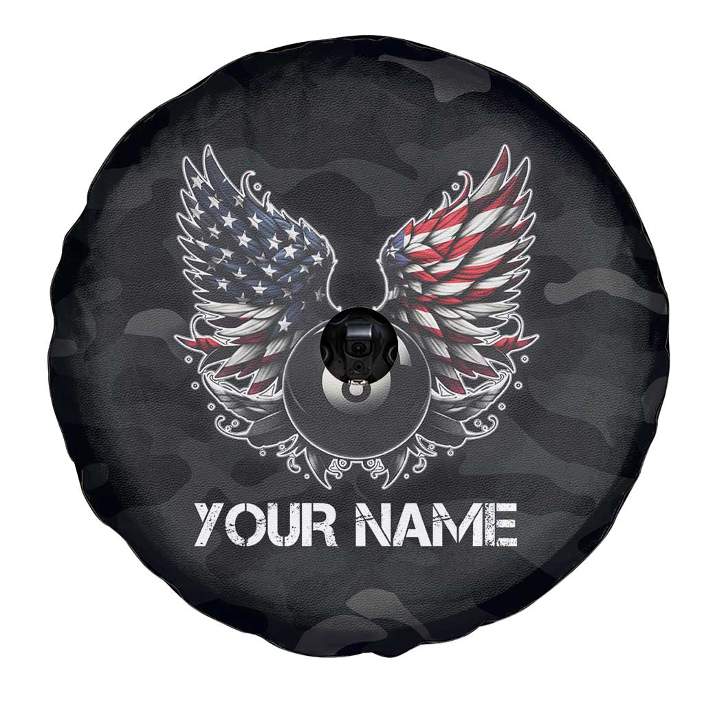 Custom American Flag Billiards Spare Tire Cover with 8-Ball Wings and Camo Background - Wonder Print Shop