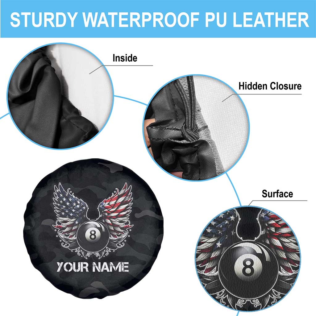 Custom American Flag Billiards Spare Tire Cover with 8-Ball Wings and Camo Background - Wonder Print Shop