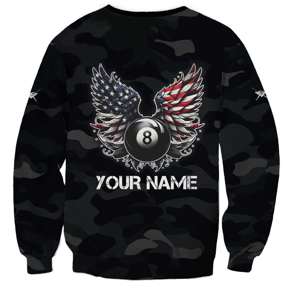 Custom American Flag Billiards Sweatshirt with 8-Ball Wings and Camo Background - Wonder Print Shop