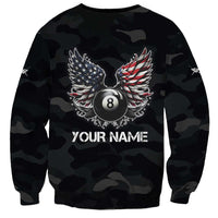 Custom American Flag Billiards Sweatshirt with 8-Ball Wings and Camo Background - Wonder Print Shop