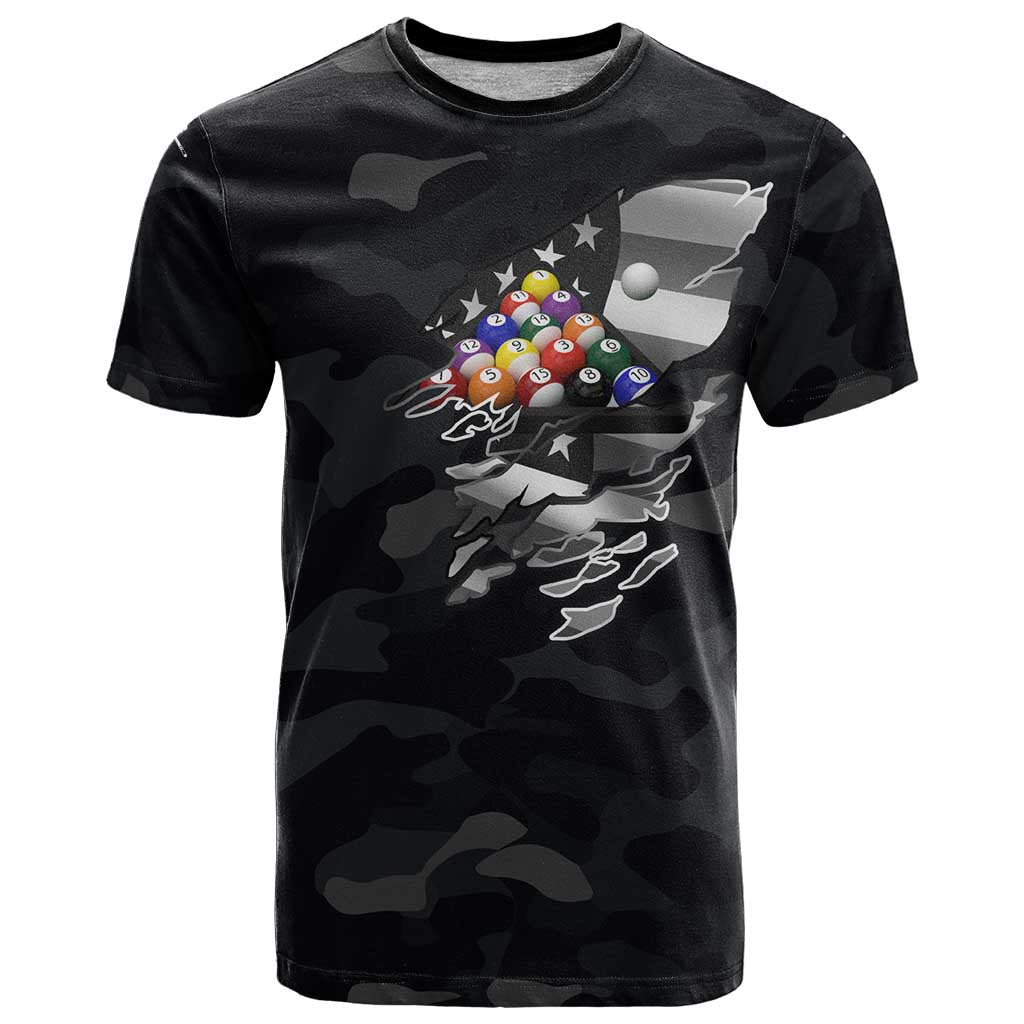 Custom American Flag Billiards T Shirt with 8-Ball Wings and Camo Background - Wonder Print Shop