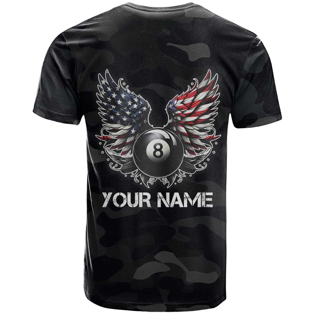 Custom American Flag Billiards T Shirt with 8-Ball Wings and Camo Background - Wonder Print Shop