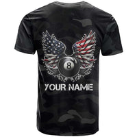 Custom American Flag Billiards T Shirt with 8-Ball Wings and Camo Background - Wonder Print Shop