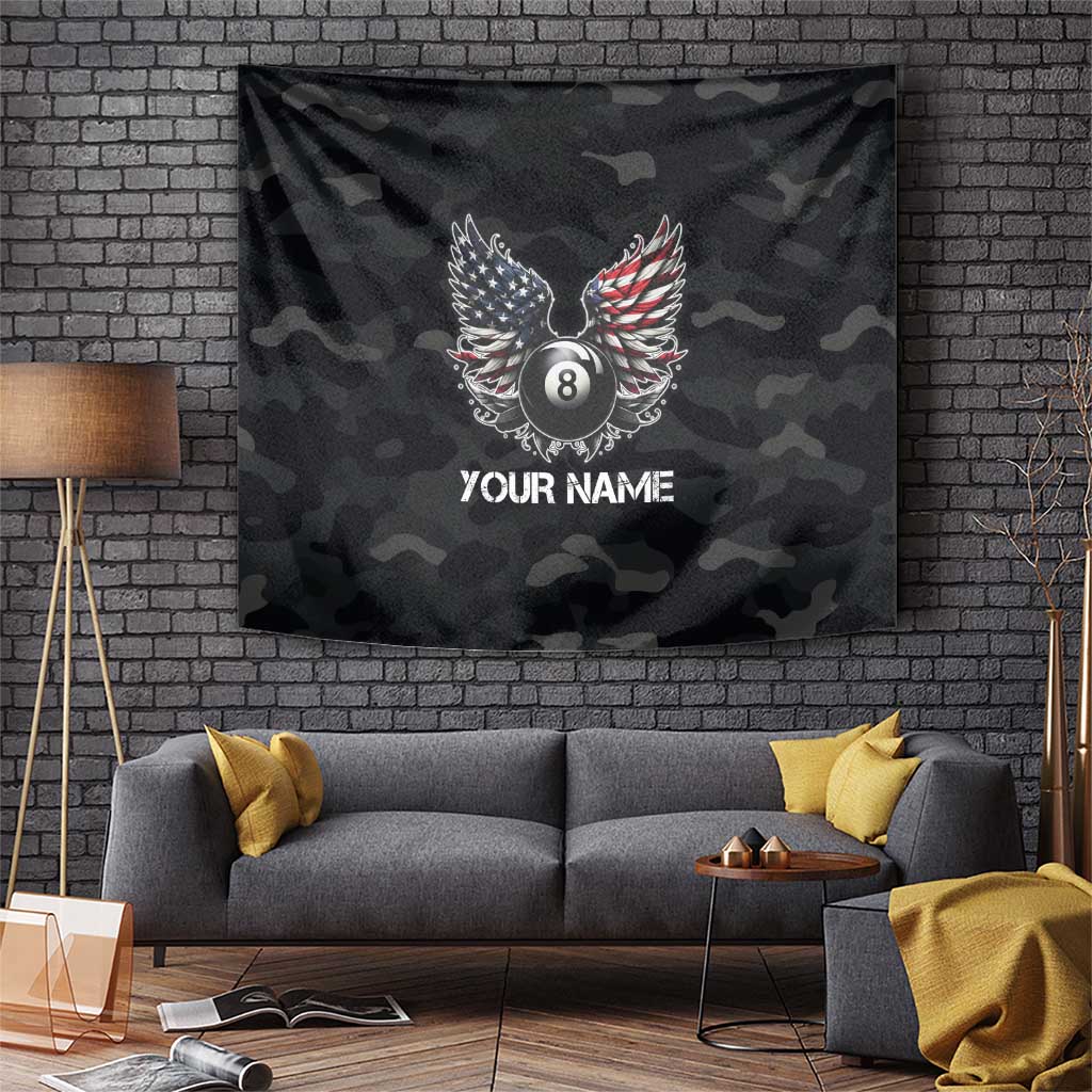 Custom American Flag Billiards Tapestry with 8-Ball Wings and Camo Background - Wonder Print Shop