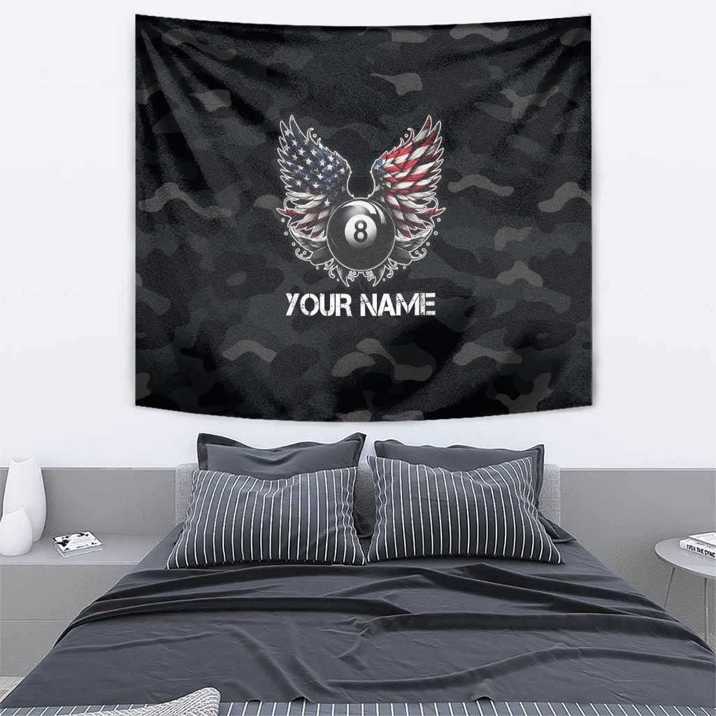 Custom American Flag Billiards Tapestry with 8-Ball Wings and Camo Background - Wonder Print Shop