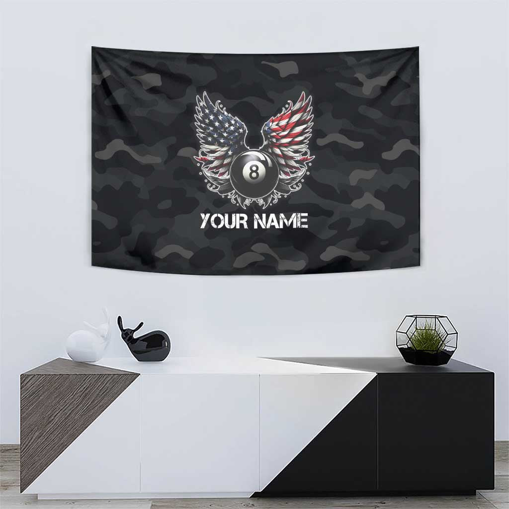 Custom American Flag Billiards Tapestry with 8-Ball Wings and Camo Background - Wonder Print Shop