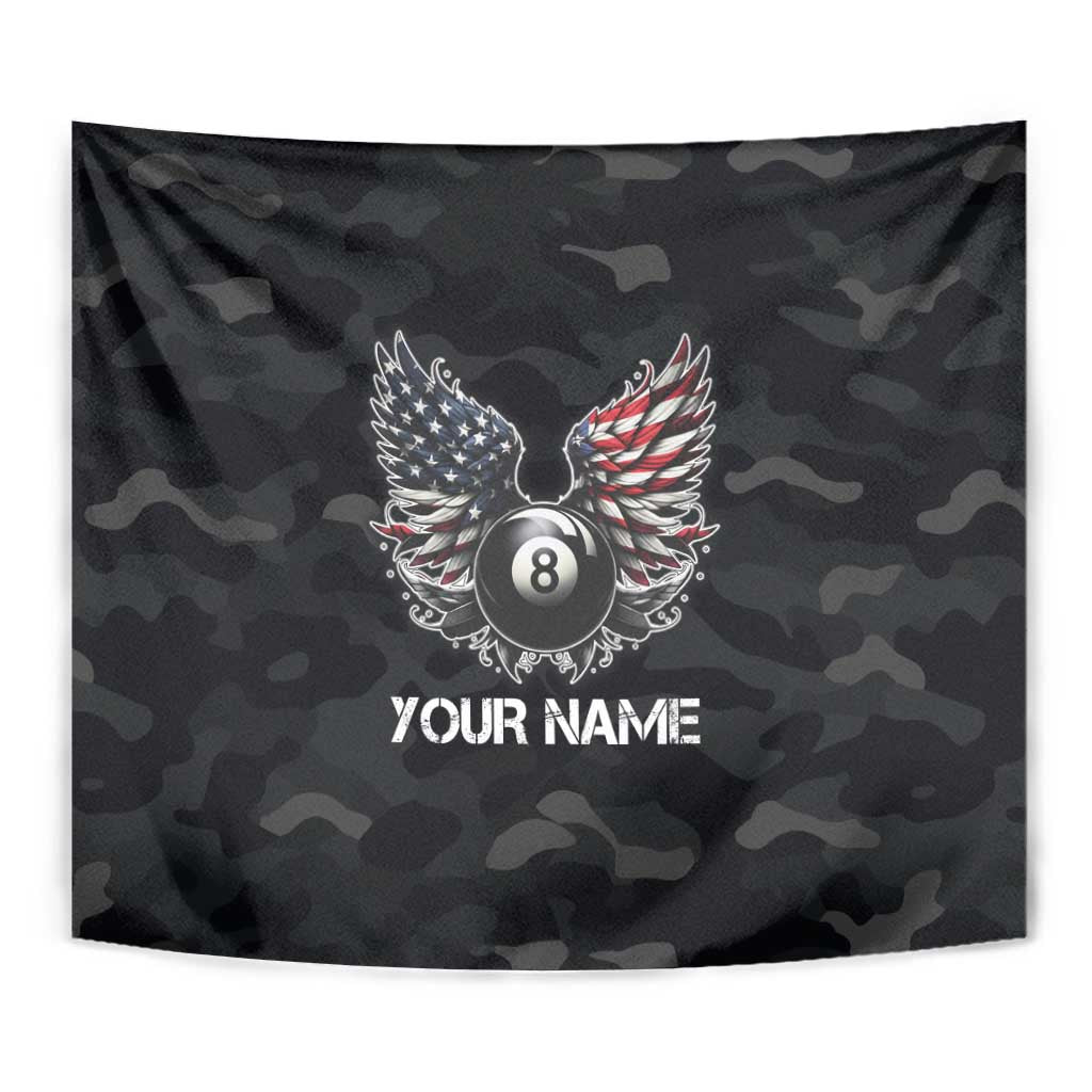 Custom American Flag Billiards Tapestry with 8-Ball Wings and Camo Background - Wonder Print Shop