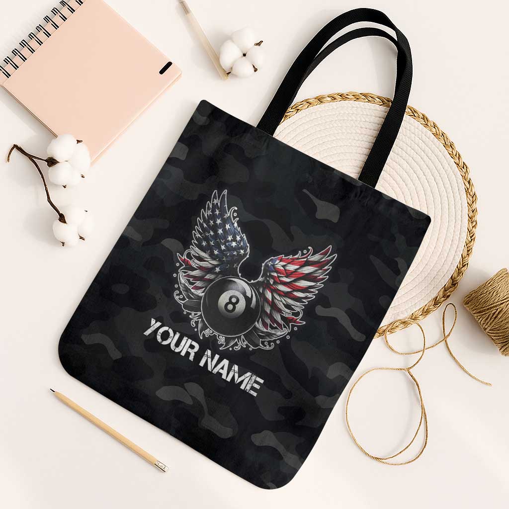 Custom American Flag Billiards Tote Bag with 8-Ball Wings and Camo Background - Wonder Print Shop