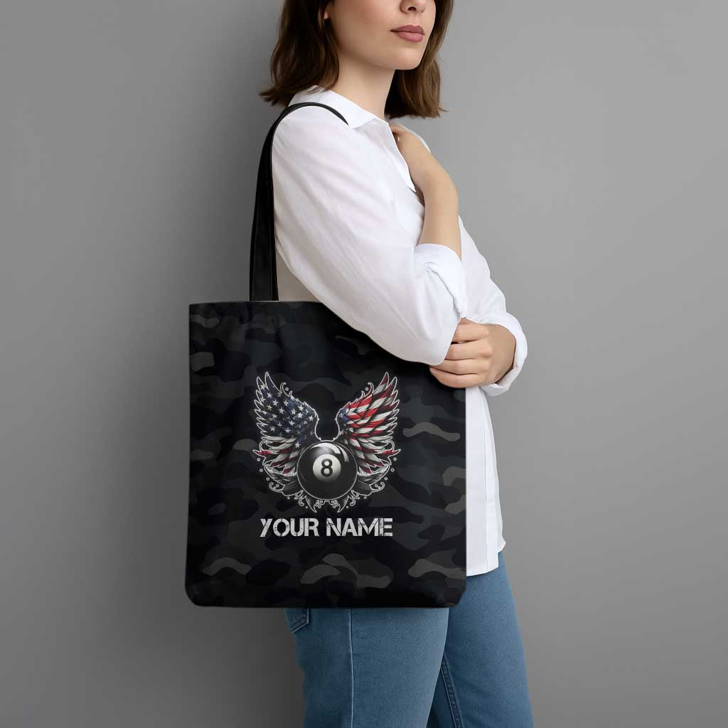 Custom American Flag Billiards Tote Bag with 8-Ball Wings and Camo Background - Wonder Print Shop