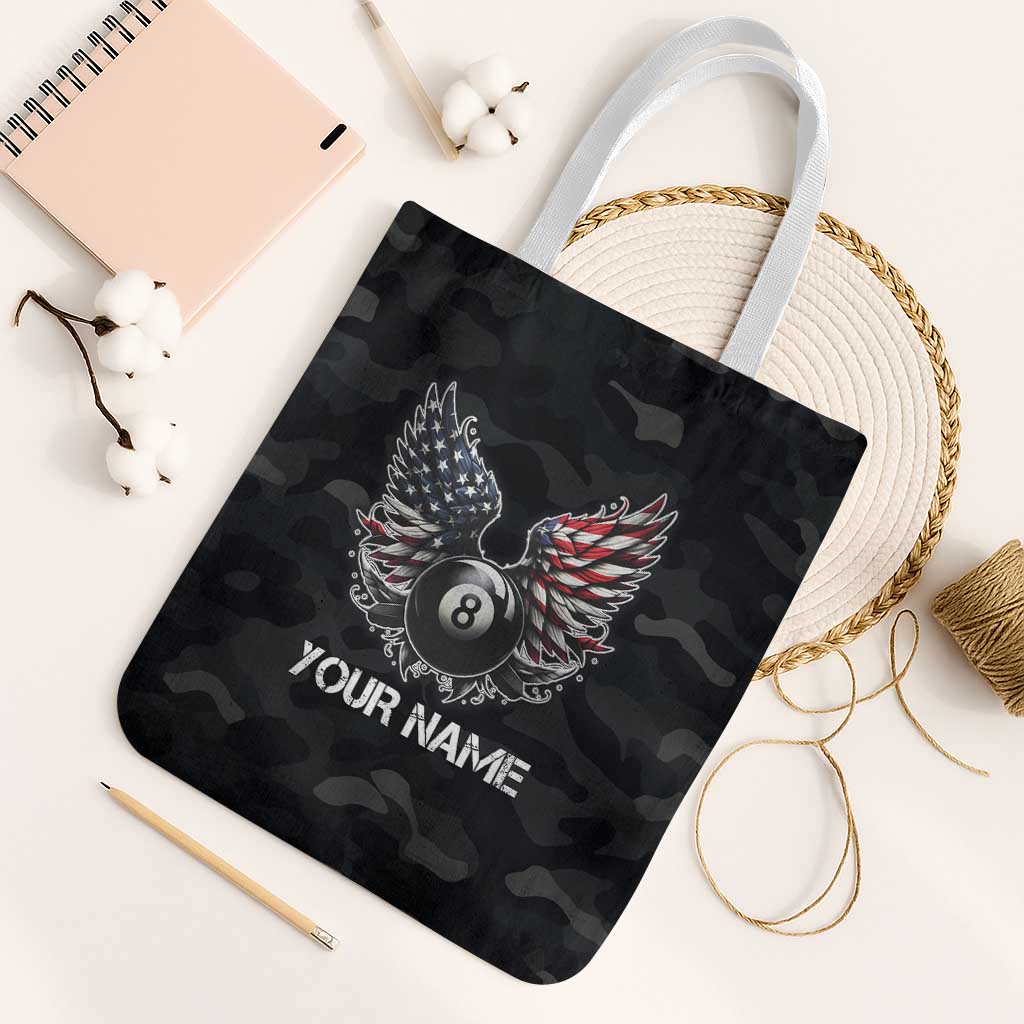 Custom American Flag Billiards Tote Bag with 8-Ball Wings and Camo Background - Wonder Print Shop
