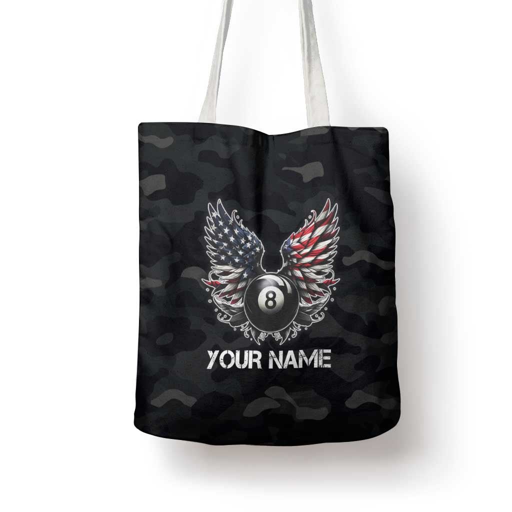 Custom American Flag Billiards Tote Bag with 8-Ball Wings and Camo Background - Wonder Print Shop