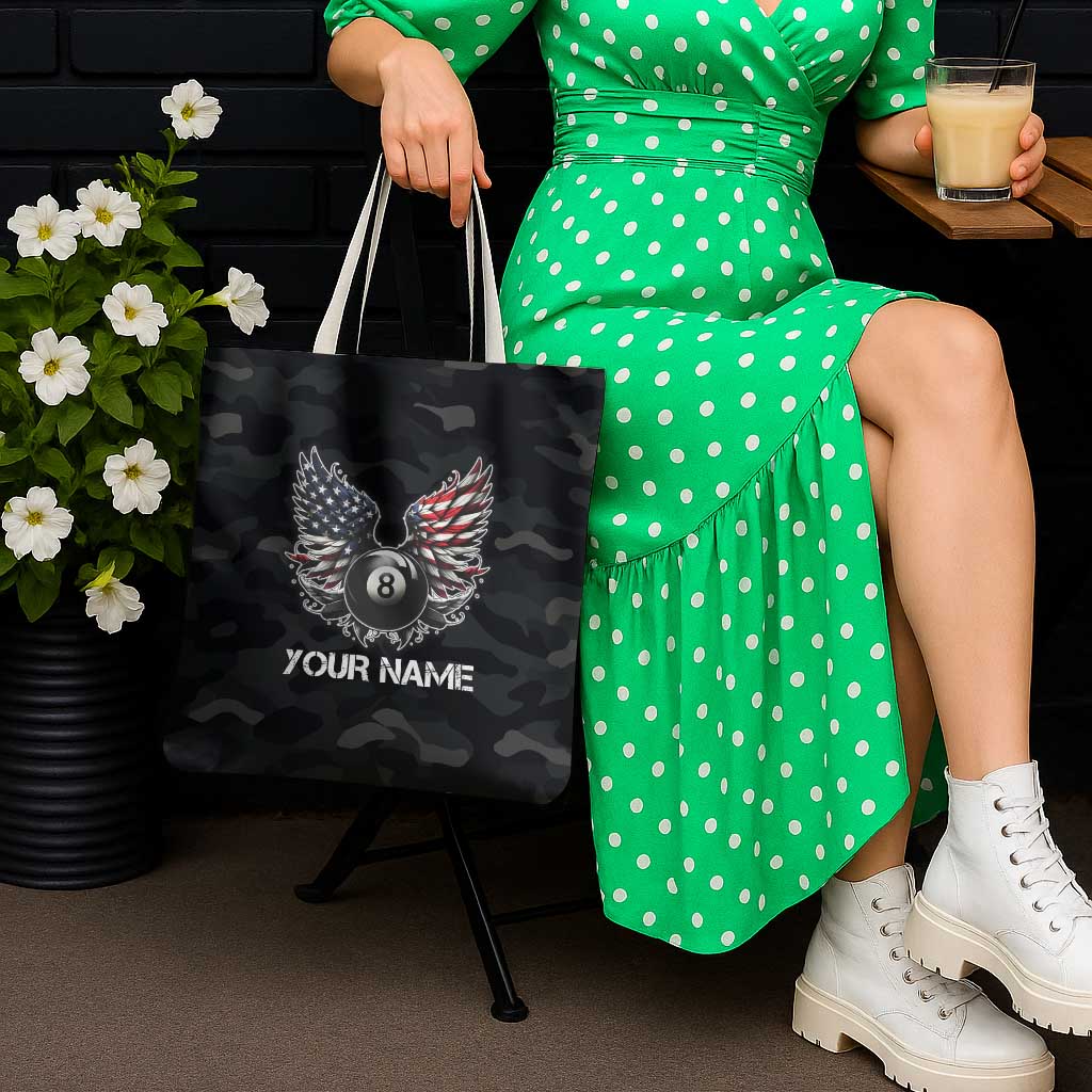 Custom American Flag Billiards Tote Bag with 8-Ball Wings and Camo Background - Wonder Print Shop