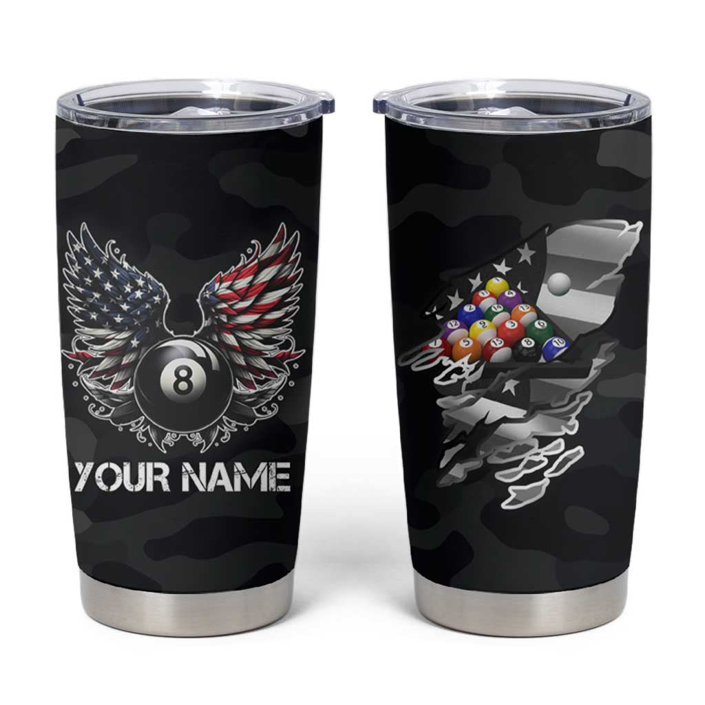 Custom American Flag Billiards Tumbler Cup with 8-Ball Wings and Camo Background - Wonder Print Shop