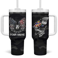 Custom American Flag Billiards Tumbler With Handle with 8-Ball Wings and Camo Background - Wonder Print Shop