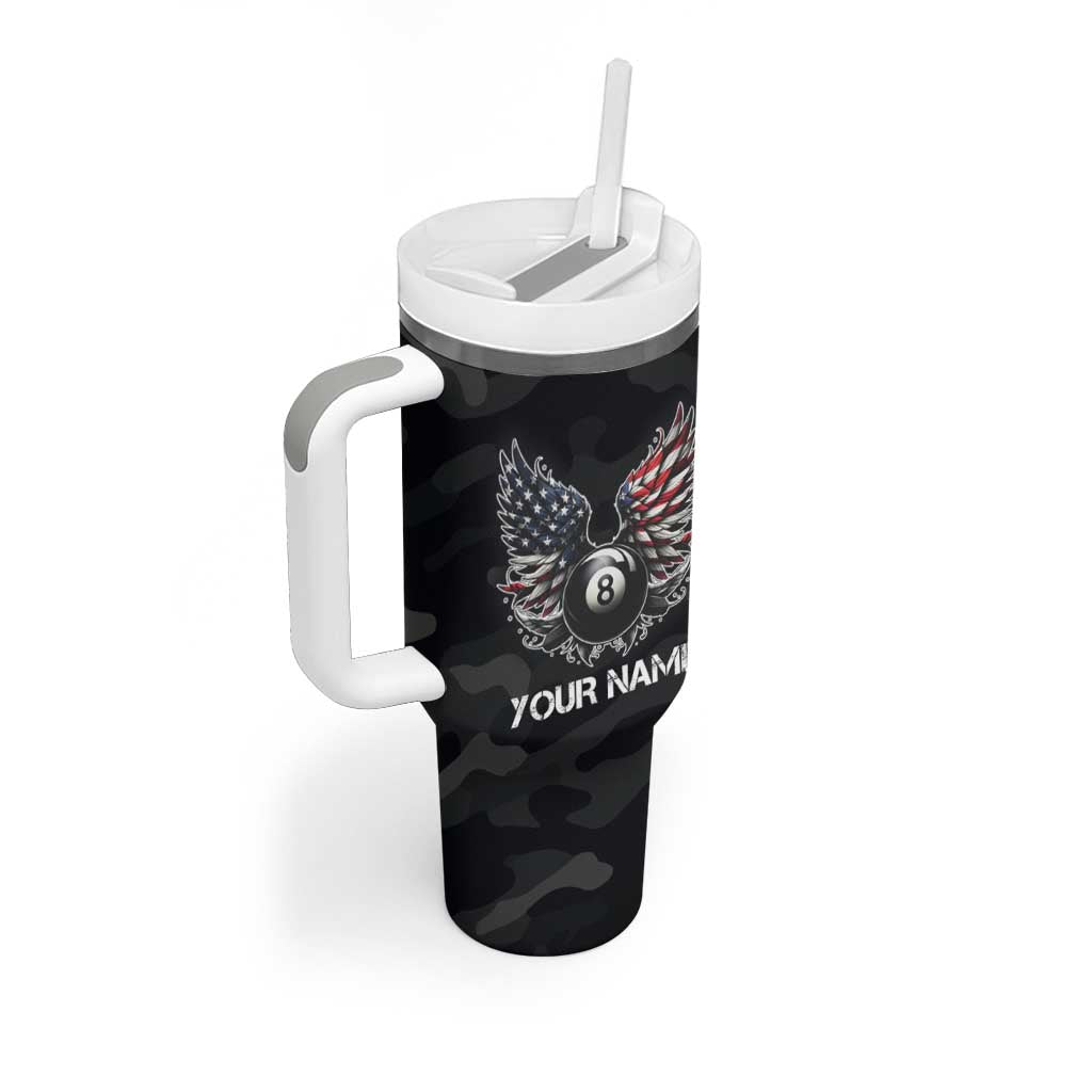 Custom American Flag Billiards Tumbler With Handle with 8-Ball Wings and Camo Background - Wonder Print Shop