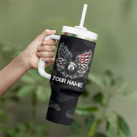 Custom American Flag Billiards Tumbler With Handle with 8-Ball Wings and Camo Background - Wonder Print Shop