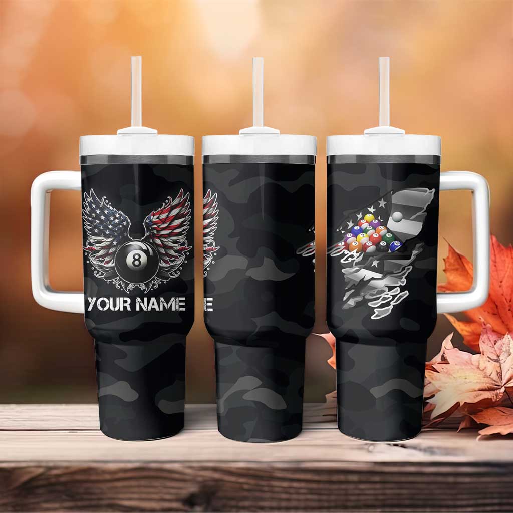 Custom American Flag Billiards Tumbler With Handle with 8-Ball Wings and Camo Background - Wonder Print Shop