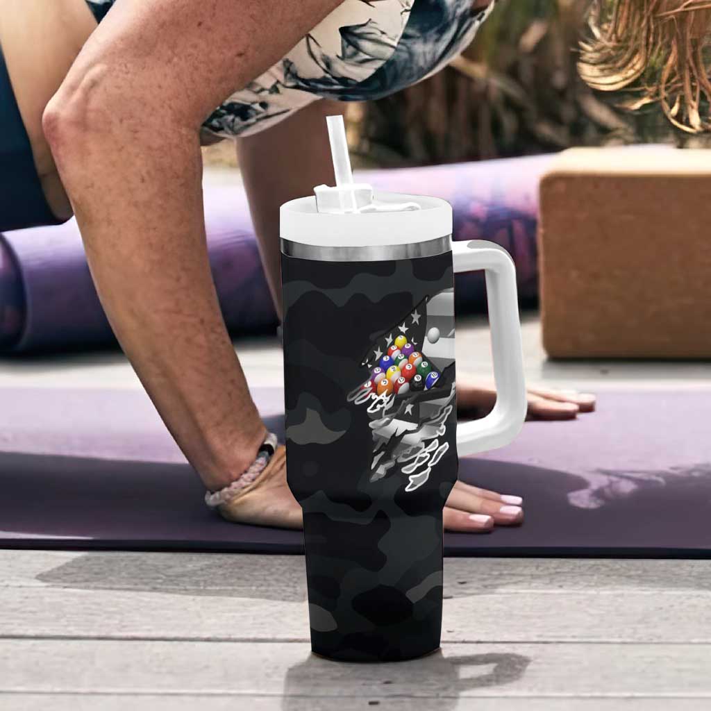 Custom American Flag Billiards Tumbler With Handle with 8-Ball Wings and Camo Background - Wonder Print Shop